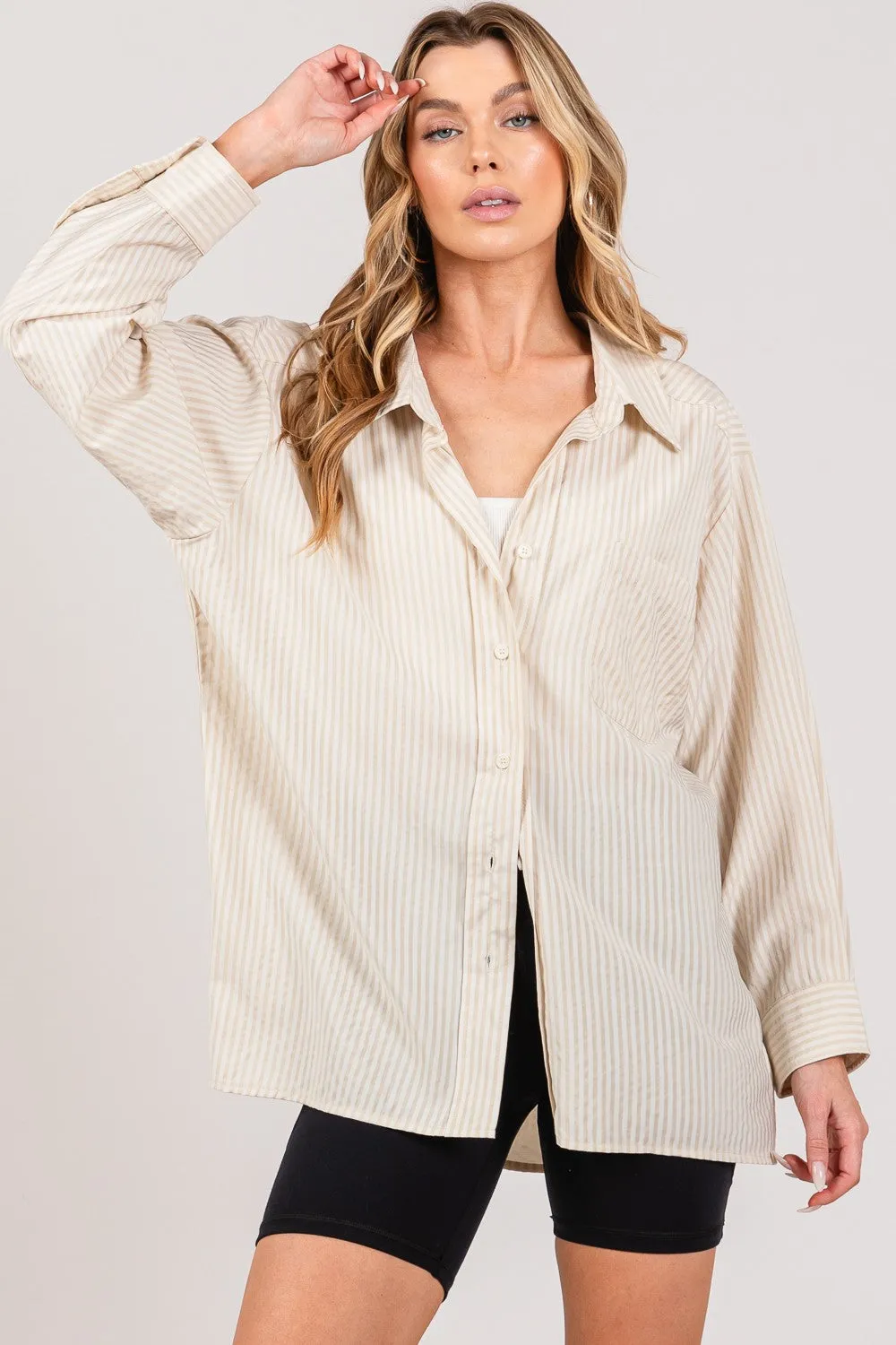 Taupe Striped Button Up Long Sleeve Shirt