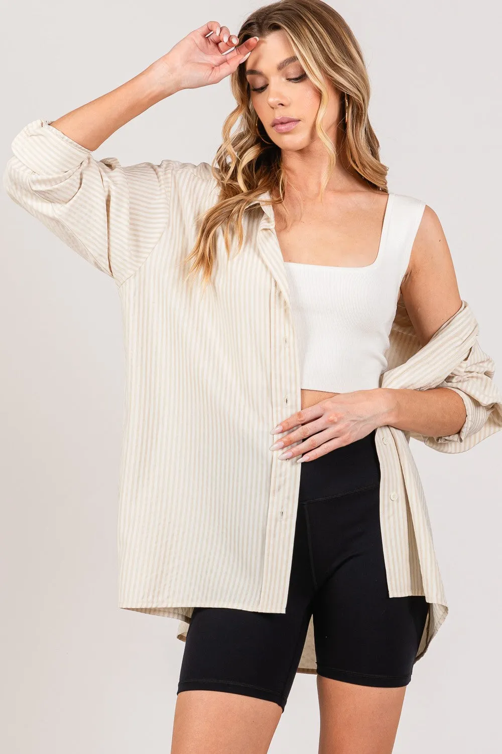 Taupe Striped Button Up Long Sleeve Shirt