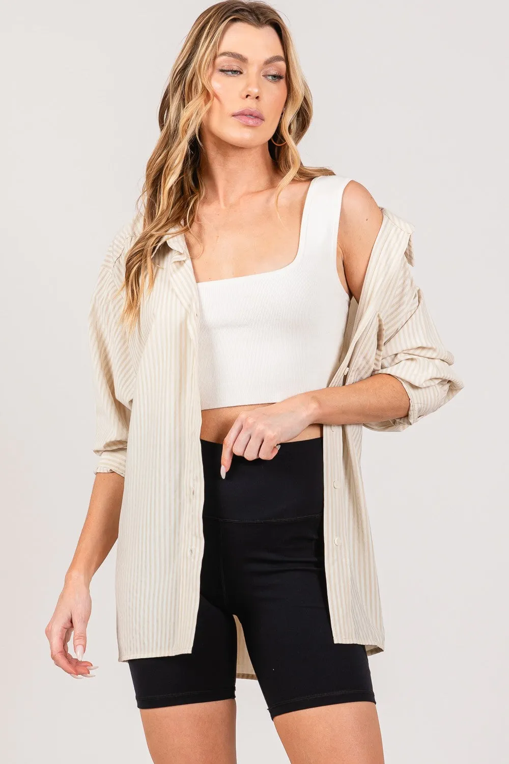 Taupe Striped Button Up Long Sleeve Shirt