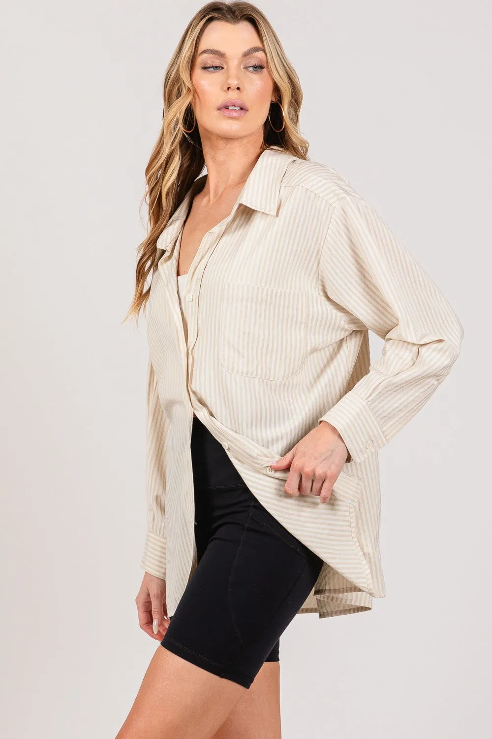 Taupe Striped Button Up Long Sleeve Shirt