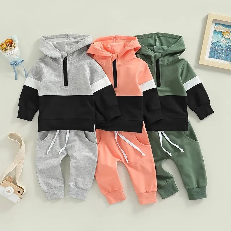 Toddler Kids Color Combination Casual Hooded Sweatshirt Pants Sports Suit