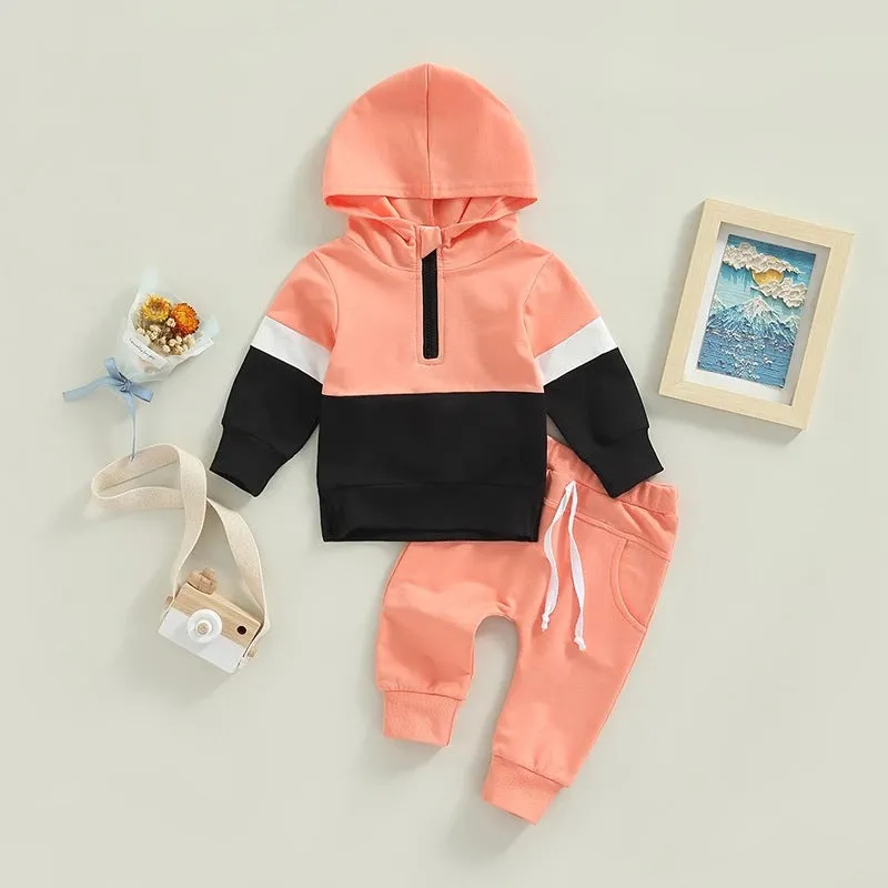 Toddler Kids Color Combination Casual Hooded Sweatshirt Pants Sports Suit