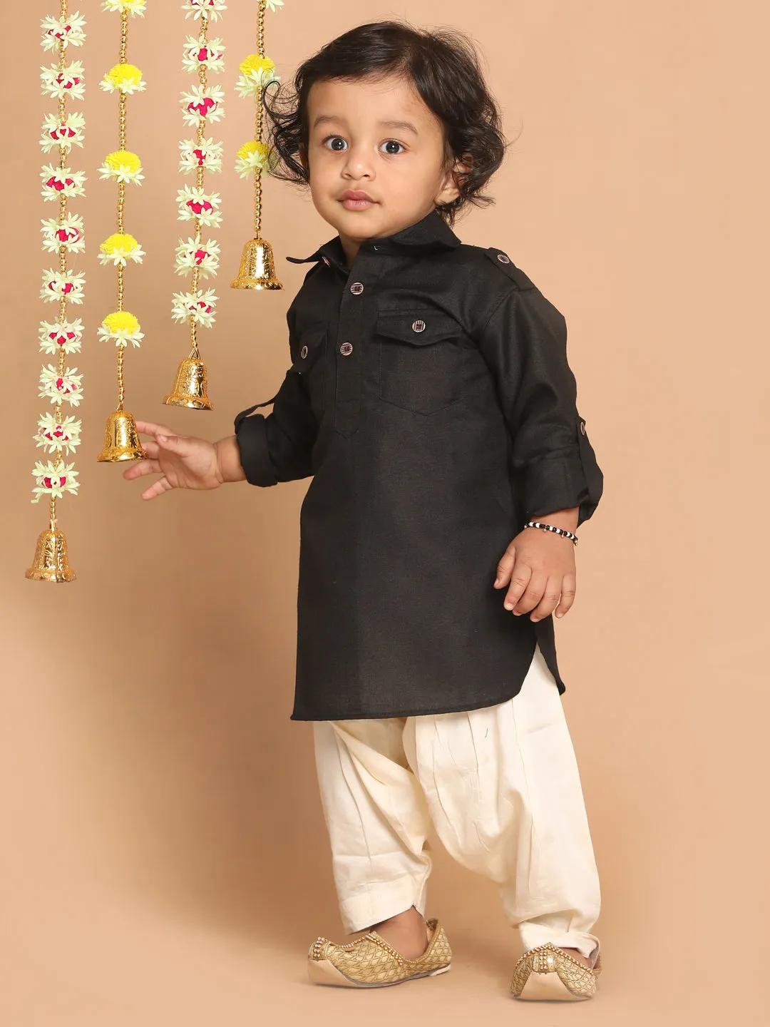 VASTRAMAY Boy's Black Pathani Kurta With Patiala Set