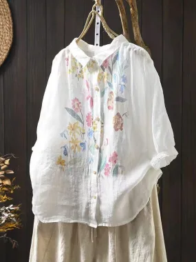 Women Artsy Summer Flower Print Ramie Blouse KL1041