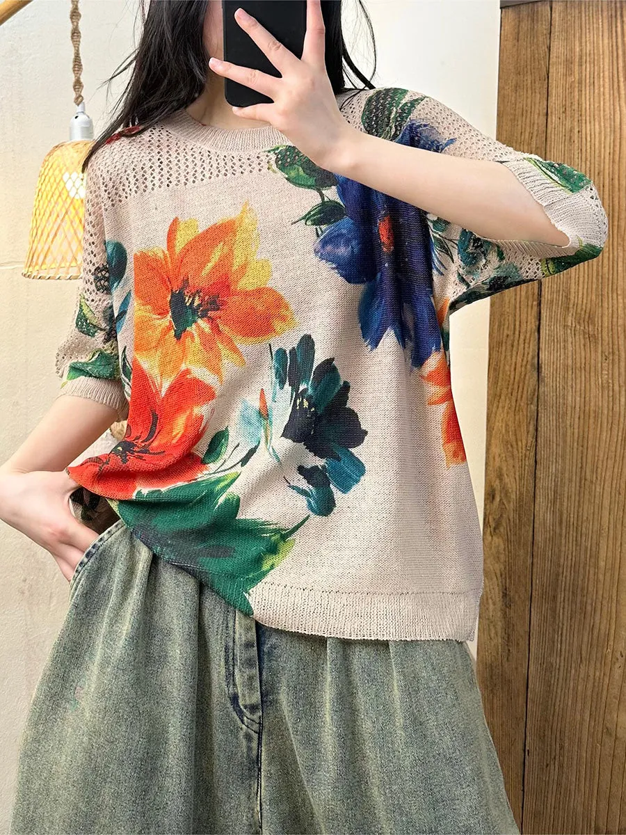 Women Summer Artsy Flower O-Neck Shirt PA1007