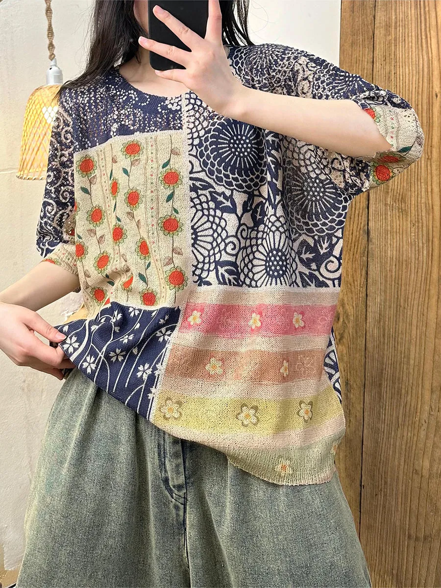 Women Summer Artsy Flower O-Neck Shirt PA1007