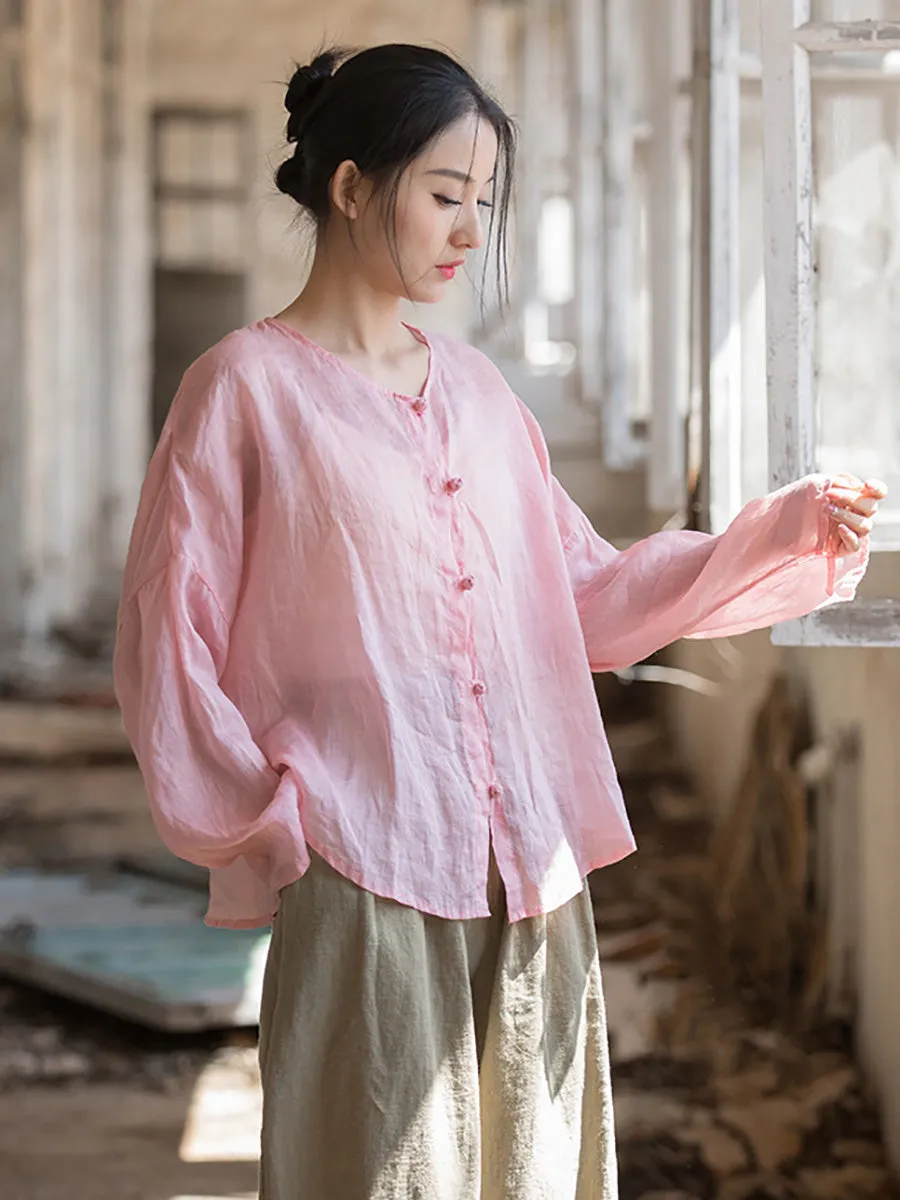 Women Summer Artsy Solid Ramie Button-Up Shirt KL1012