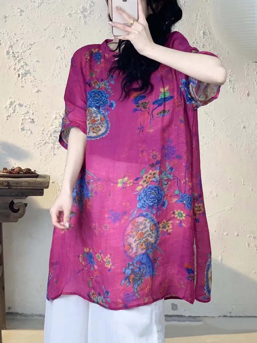 Women Summer Vintage Flower Long Ramie Shirt PA1013