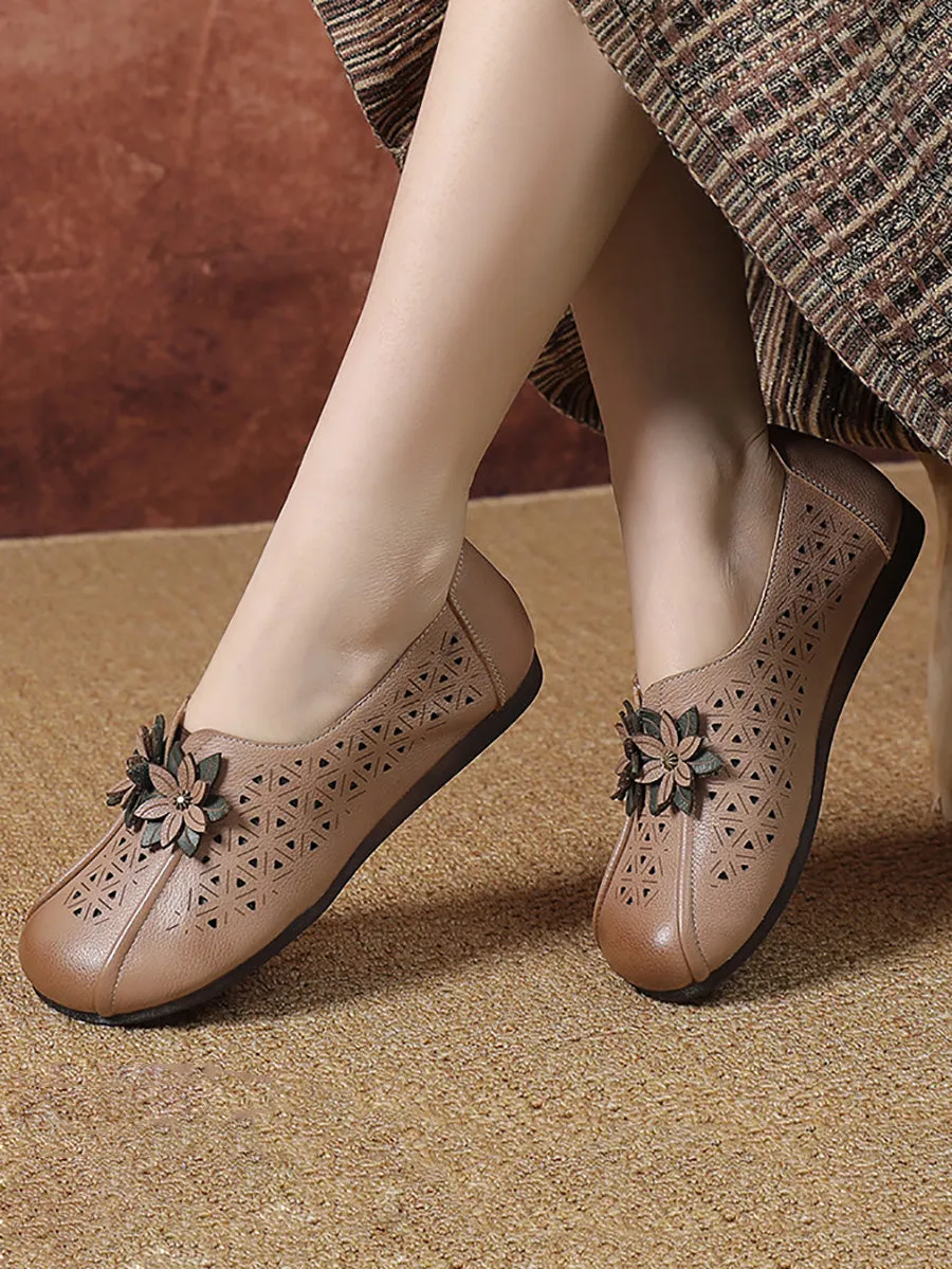 Women Vintage Leather Flower Cutout Flat Shoes KL1034