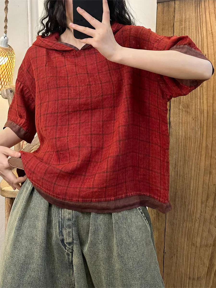 Women Vintage Plaid Summer Ramie Hooded Shirt KL1028