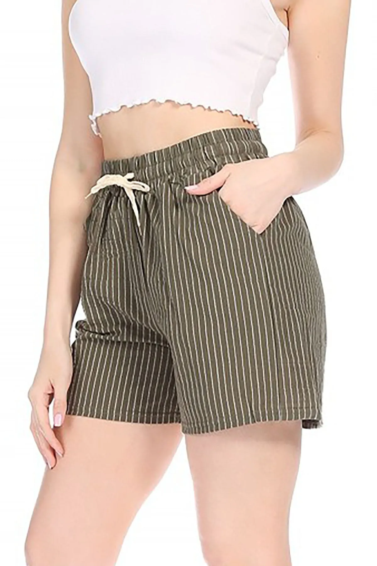 Women's Casual Stripe Elastic Waist Drawstring Pockets Lightweight Short Lounge Pants