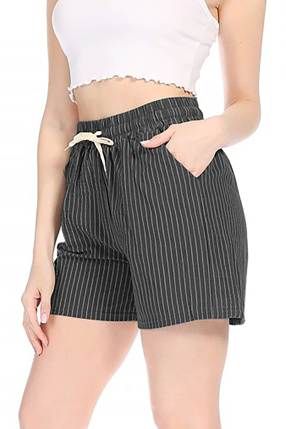 Women's Casual Stripe Elastic Waist Drawstring Pockets Lightweight Short Lounge Pants