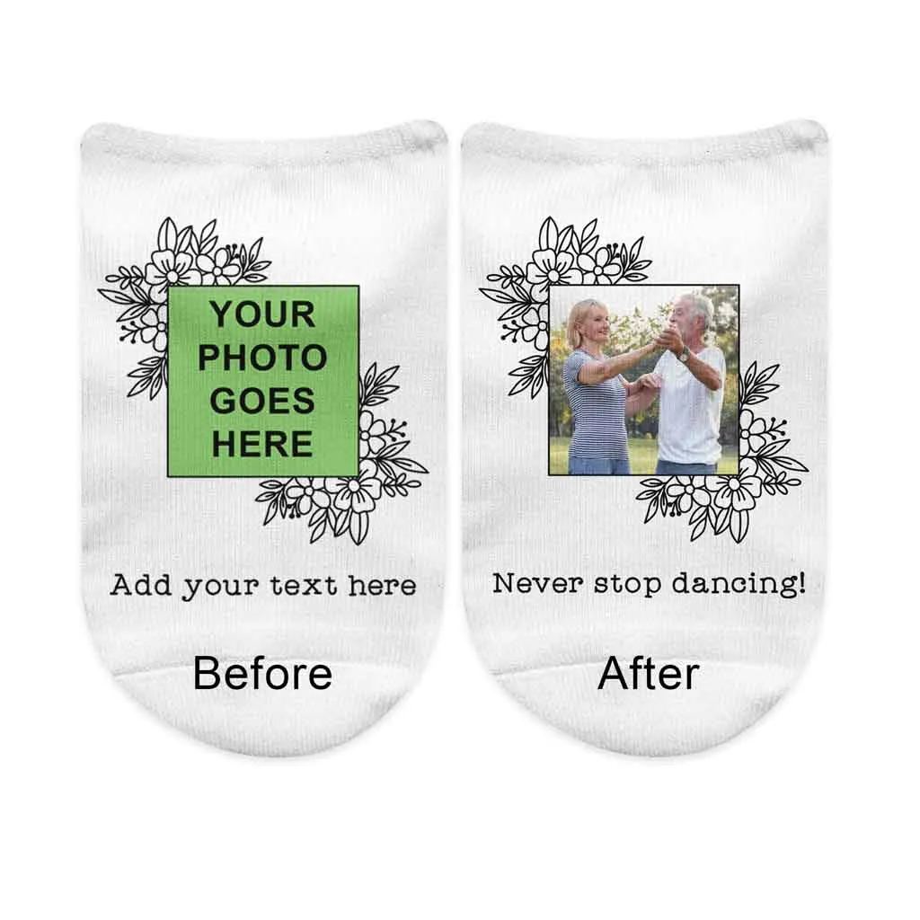 Your Photo and Text on No Show Socks in Floral Frame