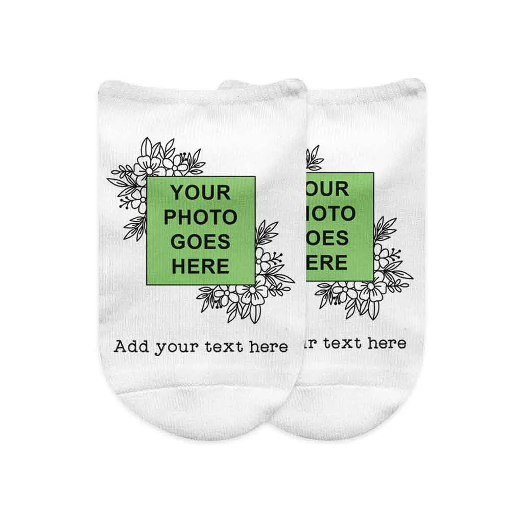 Your Photo and Text on No Show Socks in Floral Frame